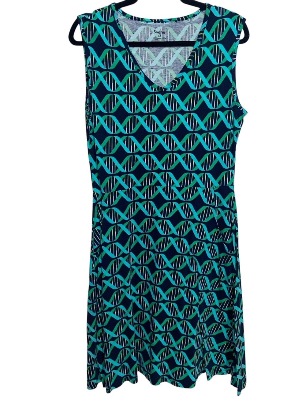Svaha Dress Womens Sz 12 DNA Double Helix Organic Cotton Sleeveless Black Green